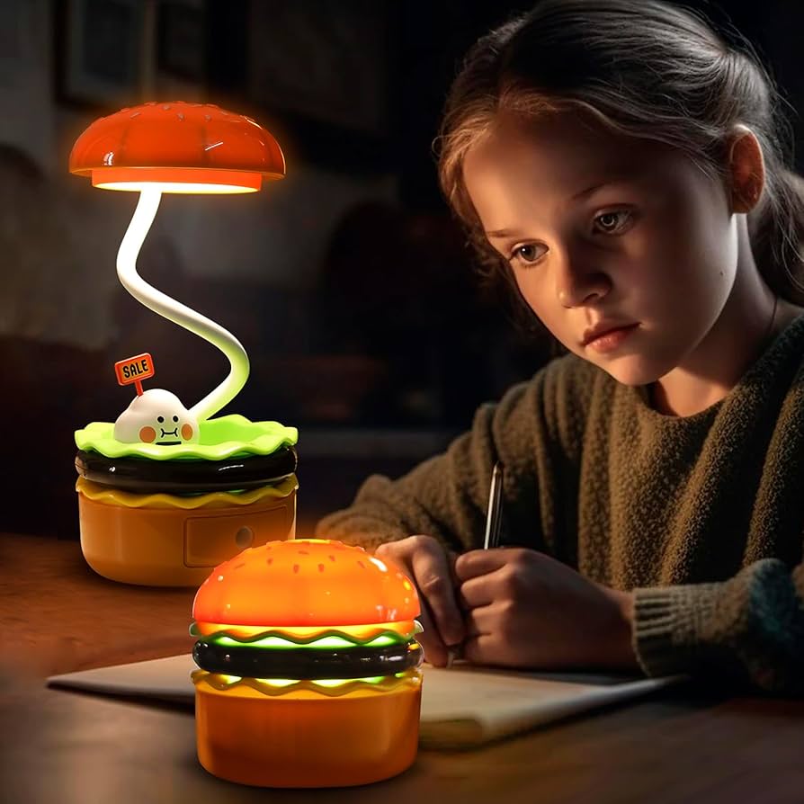 Quixylon Cute Desk Lamp for Kids, Charge Hamburger Table lamp with